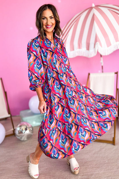 Abstract Geometric Print Long Sleeve High Waist Dress | Multicolour