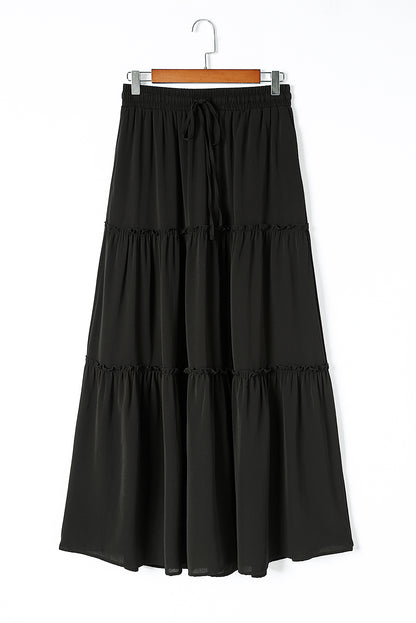 Frill Tiered Drawstring Waist Maxi Skirt | Black