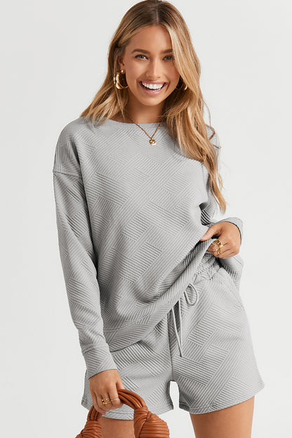 Textured Long Sleeve Top And Drawstring Shorts Set | Gray