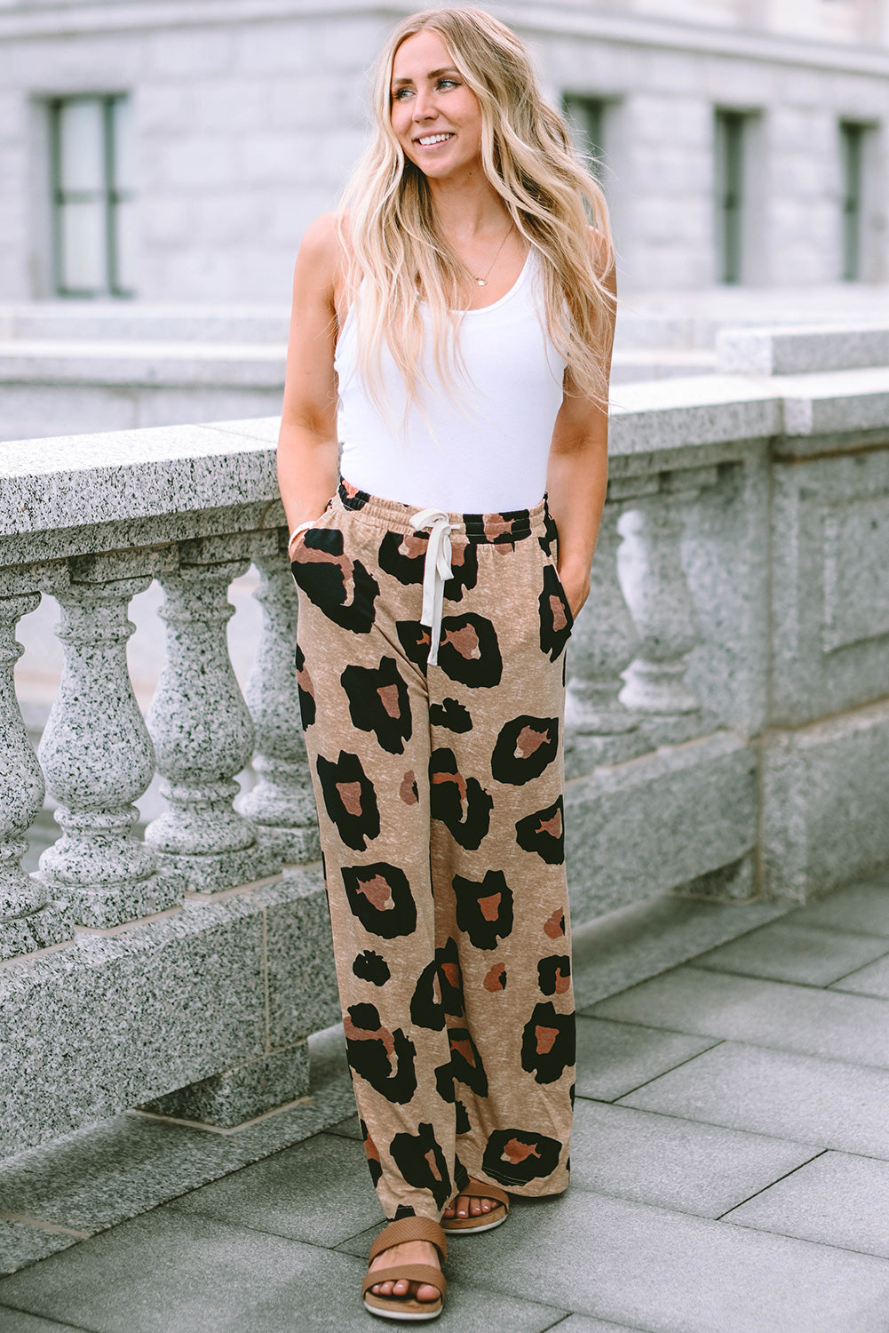 Drawstring Wide Leg Casual Pants | Leopard