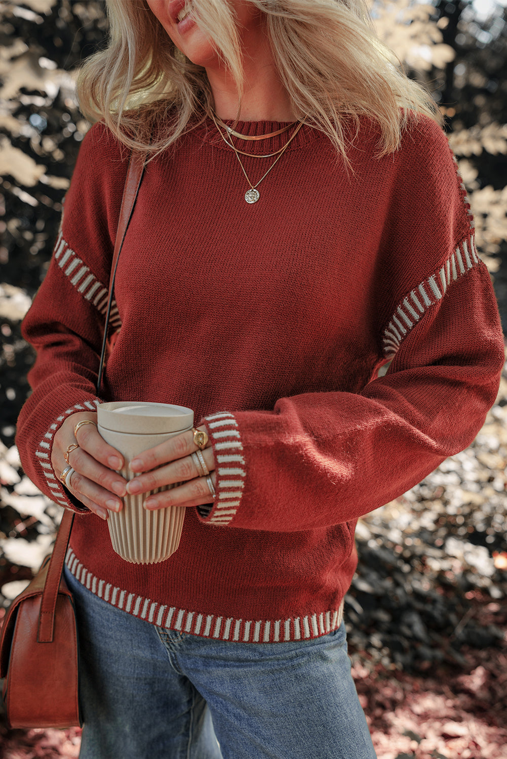 Colour Contrast Trim Drop Shoulder Crew Neck Sweater | Red Dahlia