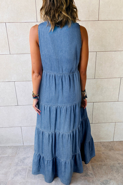 Sleeveless Tiered Chambray Maxi Dress | Blue