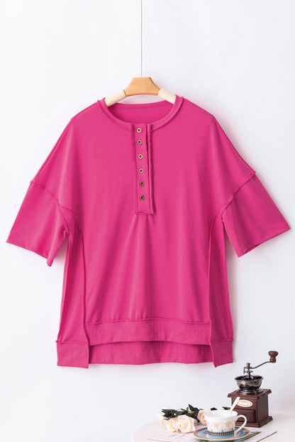 Exposed Seam Button Neck Wide Sleeve Tunic Top | Rose Red