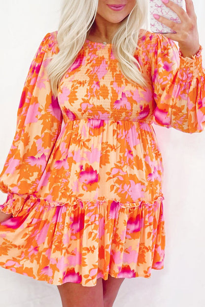 Abstract Print Smocked Lantern Sleeve Ruffle Mini Dress | Orange