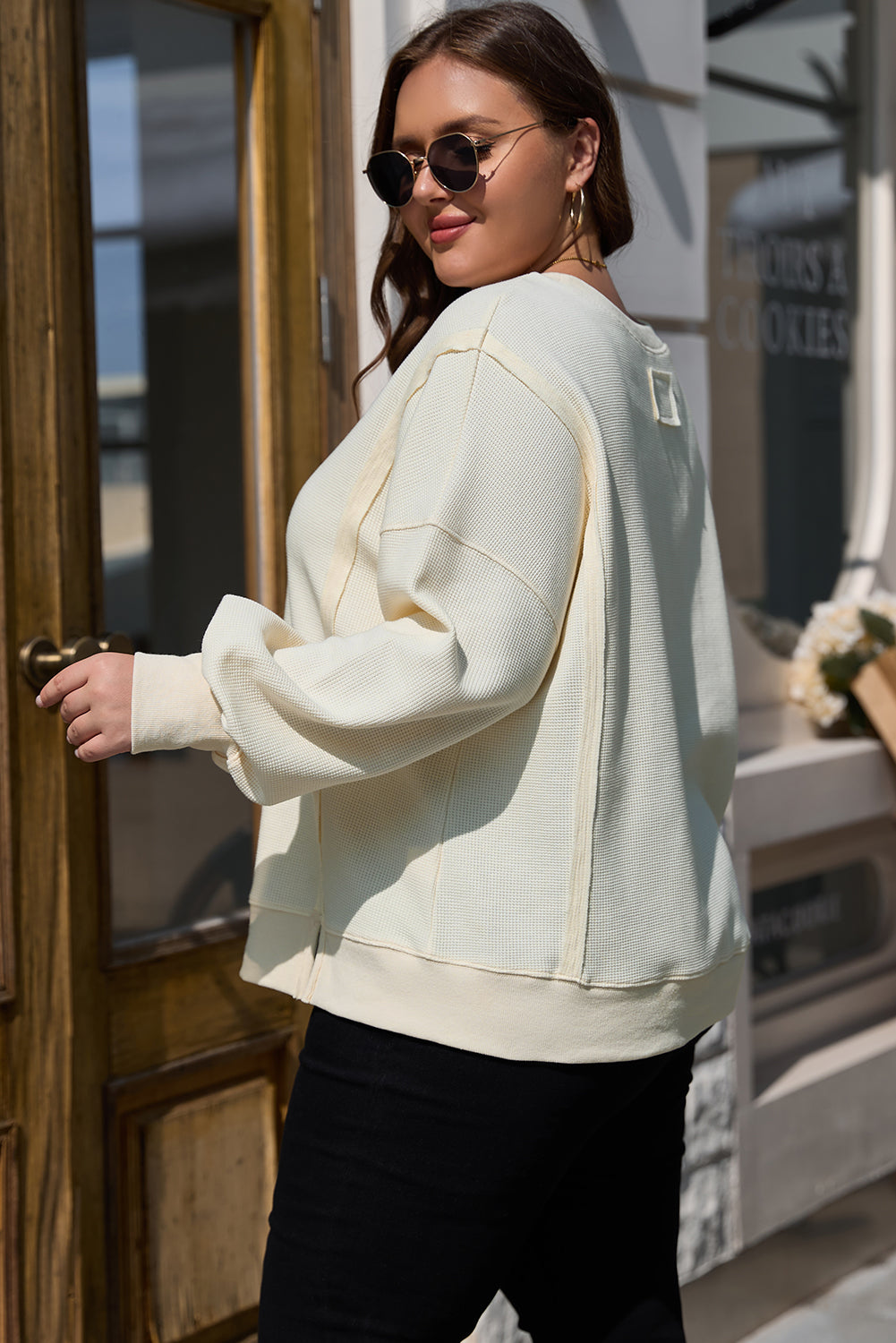 Solid Colour Waffle Knit Drop Shoulder Plus Size Sweatshirt | White