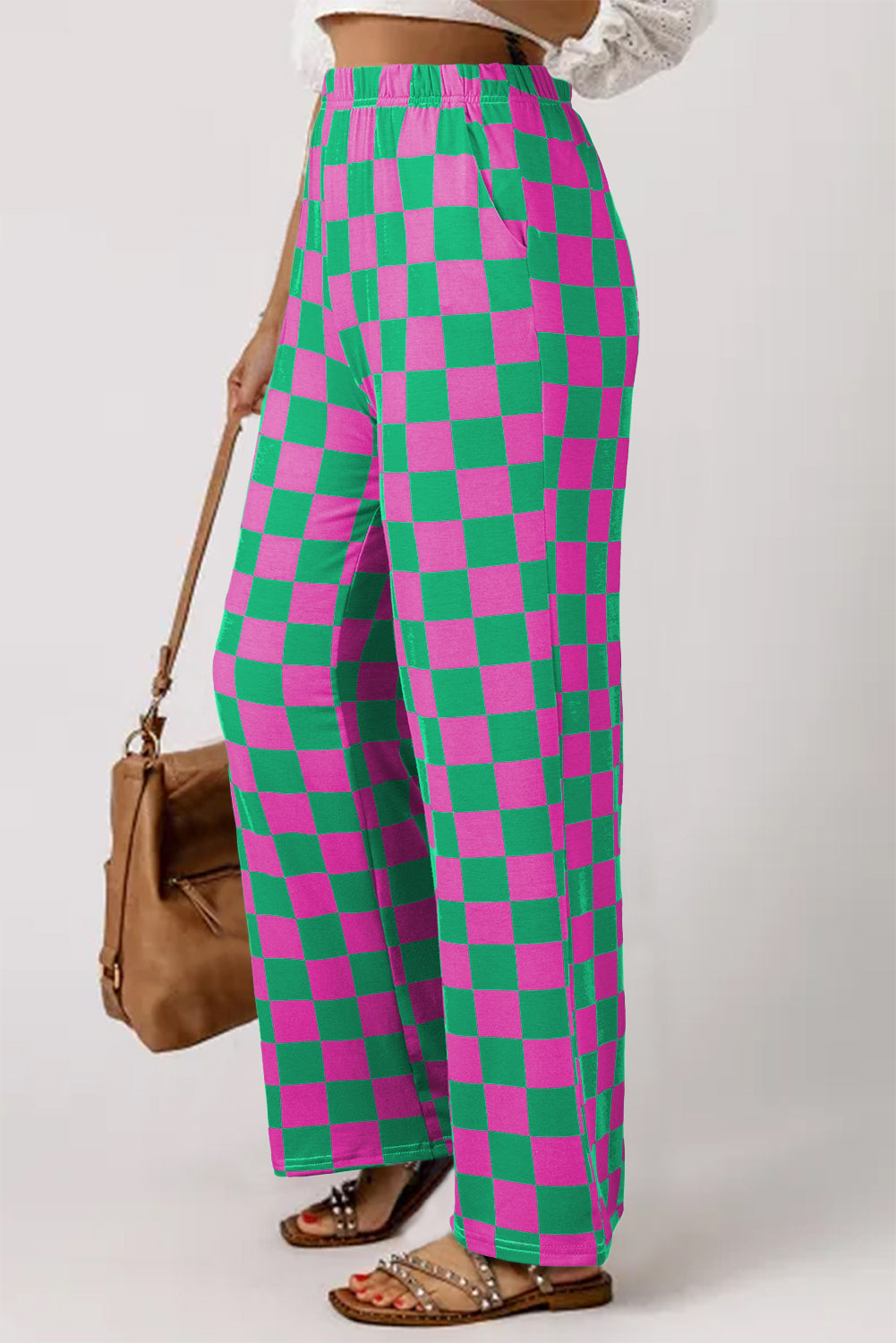 2-Tone Checked Print High Waist Wide Leg Pants | Green