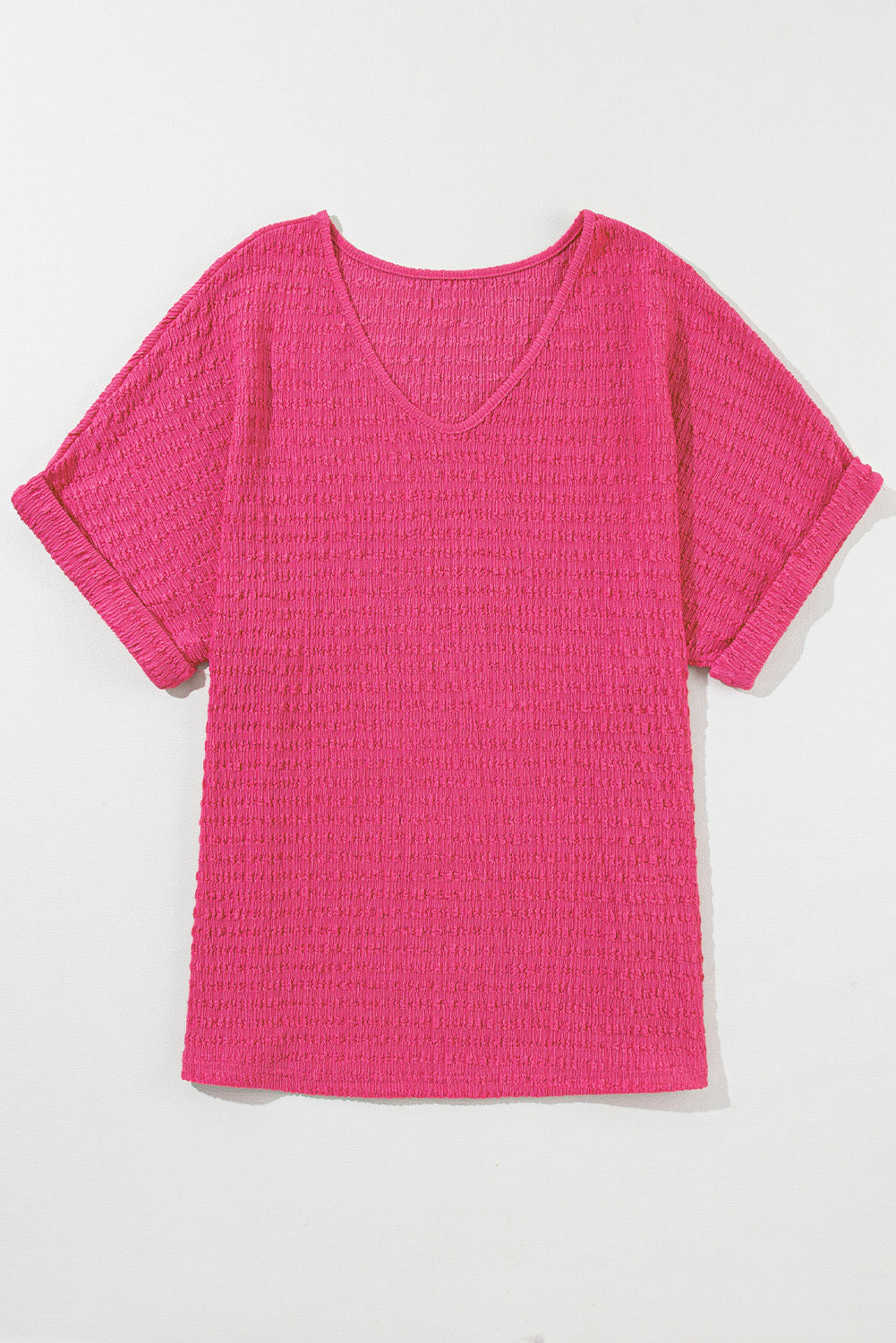 Textured Rolled Sleeve V Neck Tee | Bright Pink