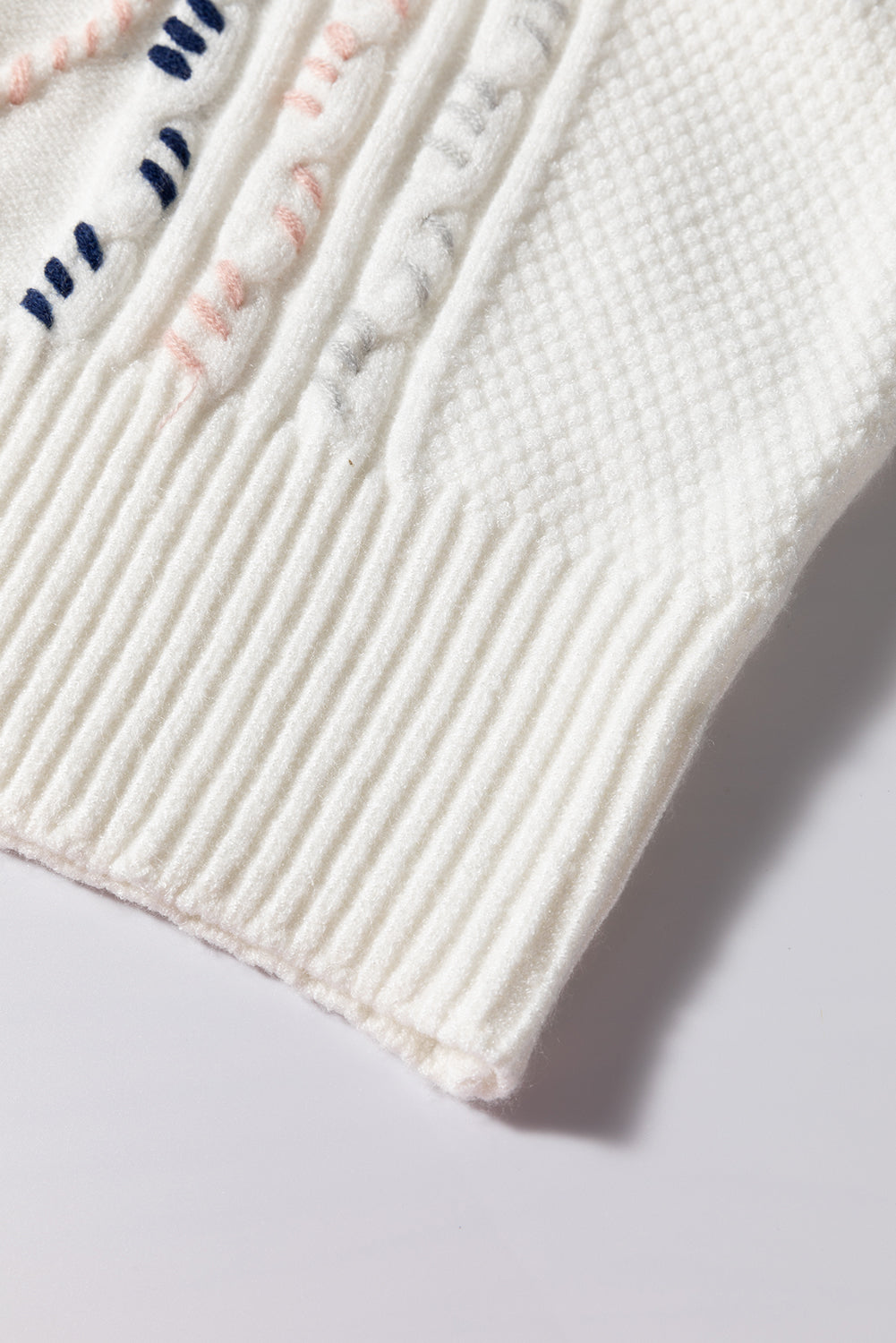 Multicolour Stitch Detail Cable Knit Short Sleeve Sweater | White