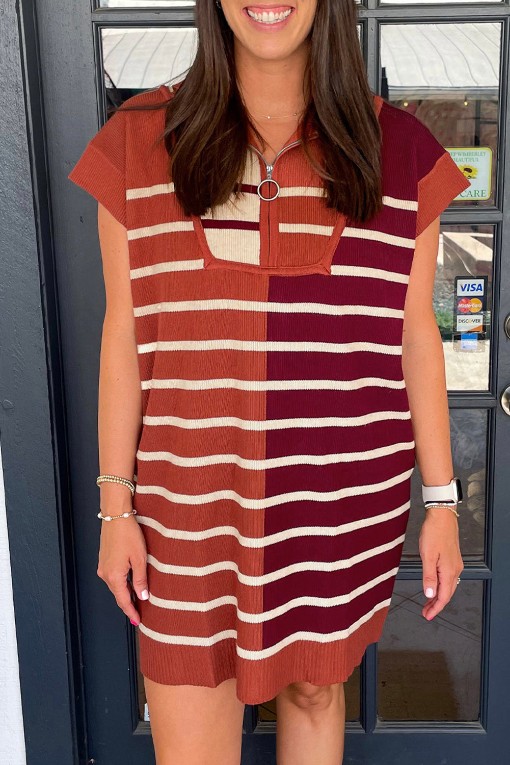 Colour Block Quarter Zip Collar Short Sleeve Sweater Dress | Brown Stripe