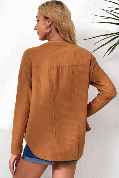 Waffle Knit Half Button Henley Top | Brown