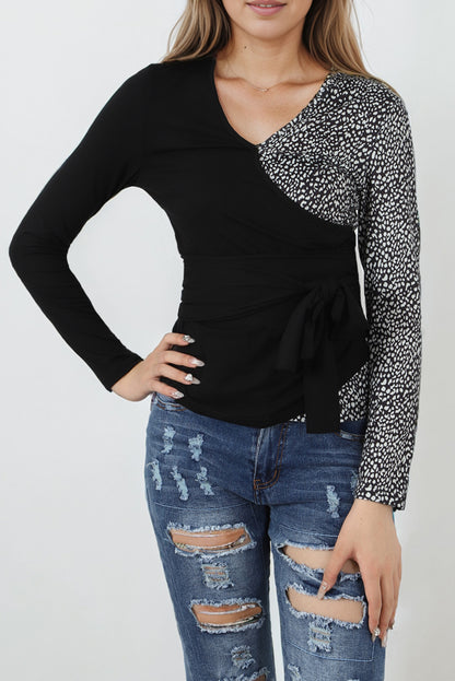 Contrast Printed Tie Side Wrapped Long Sleeve Top | Black