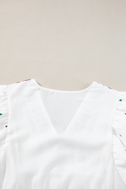 Embroidered Puff Sleeve V Neck Blouse | White