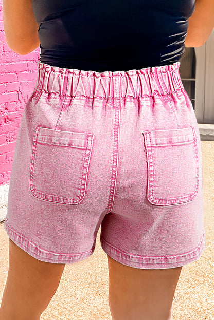 Elastic High Waisted Denim Shorts | Strawberry Pink