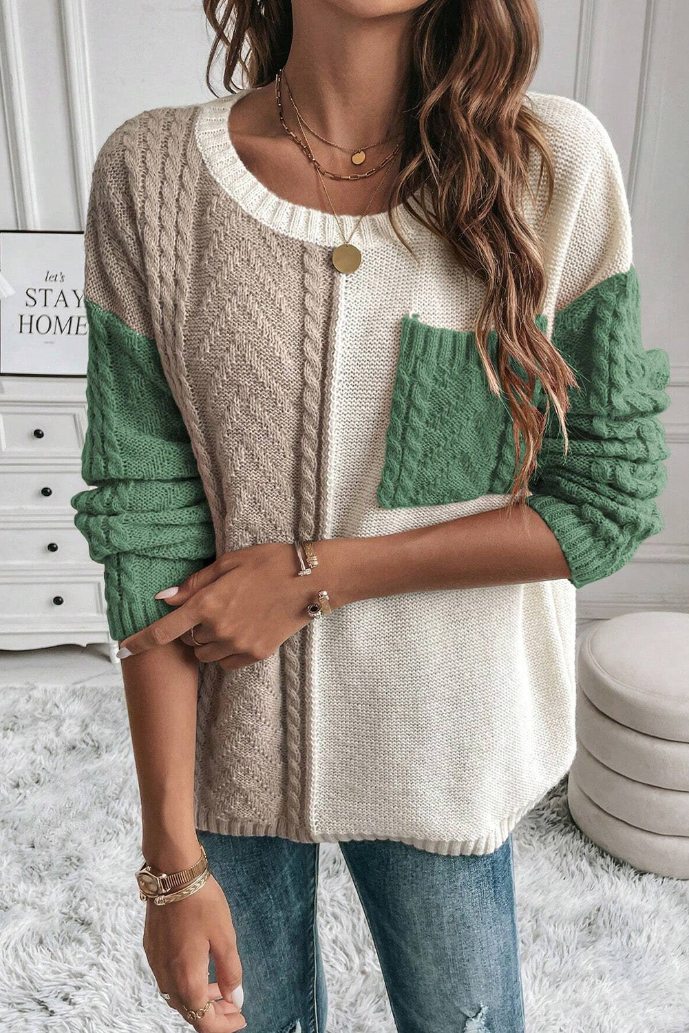 Colourblock Patched Pocket Drop Shoulder Sweater | Vineyard Green