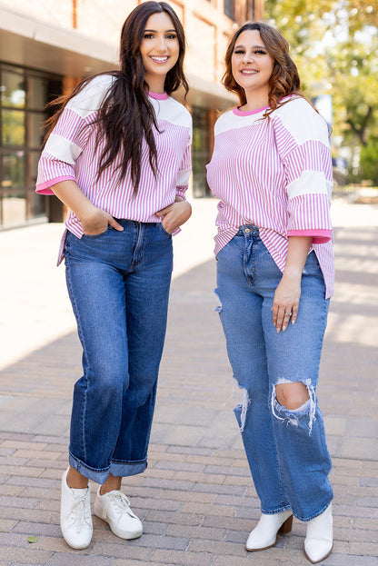 Patchwork Bracelet Sleeve Plus Size T Shirt | Pink Stripe