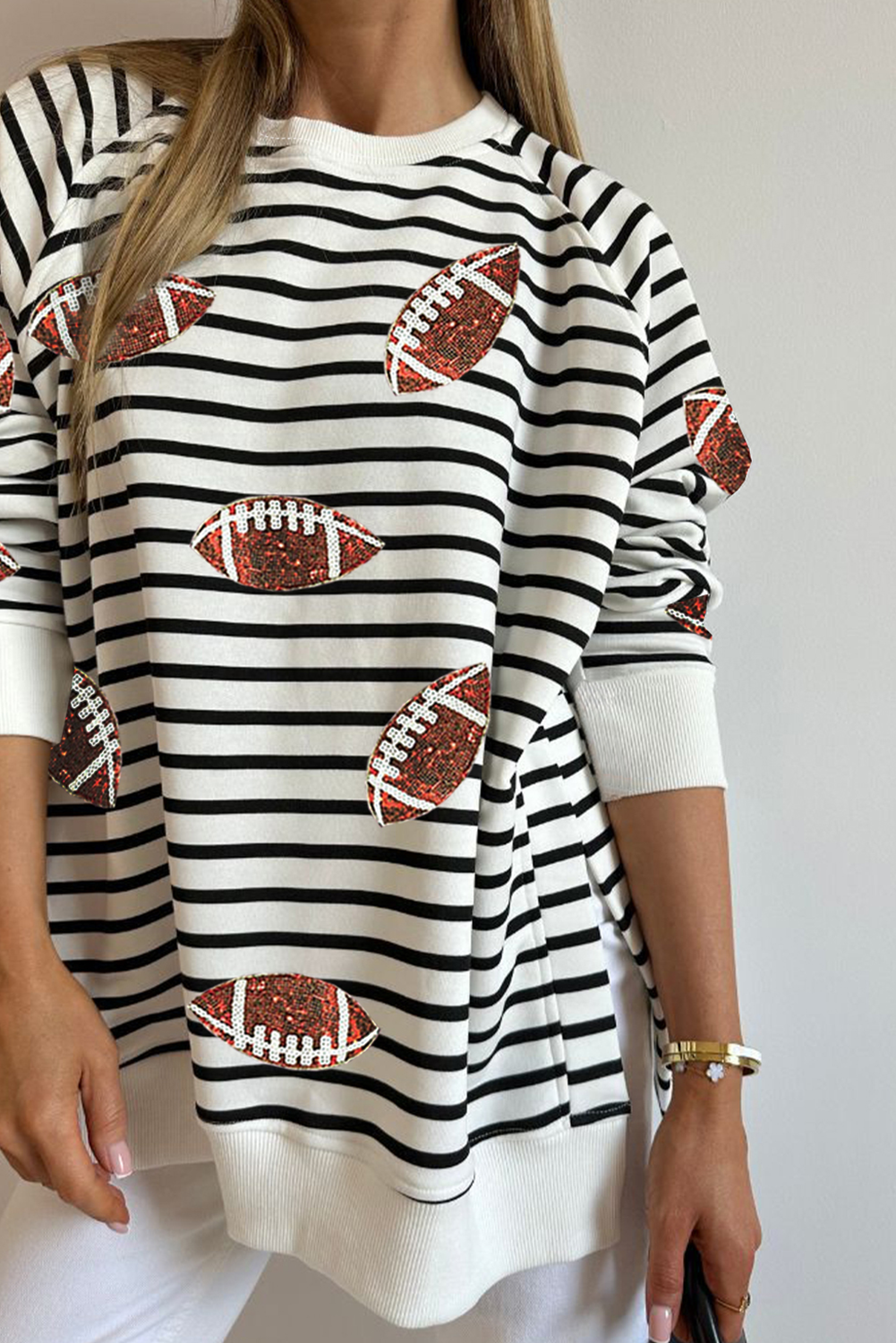 Sequin Rugby Football Side Slits Oversized Sweatshirt | Black Stripe