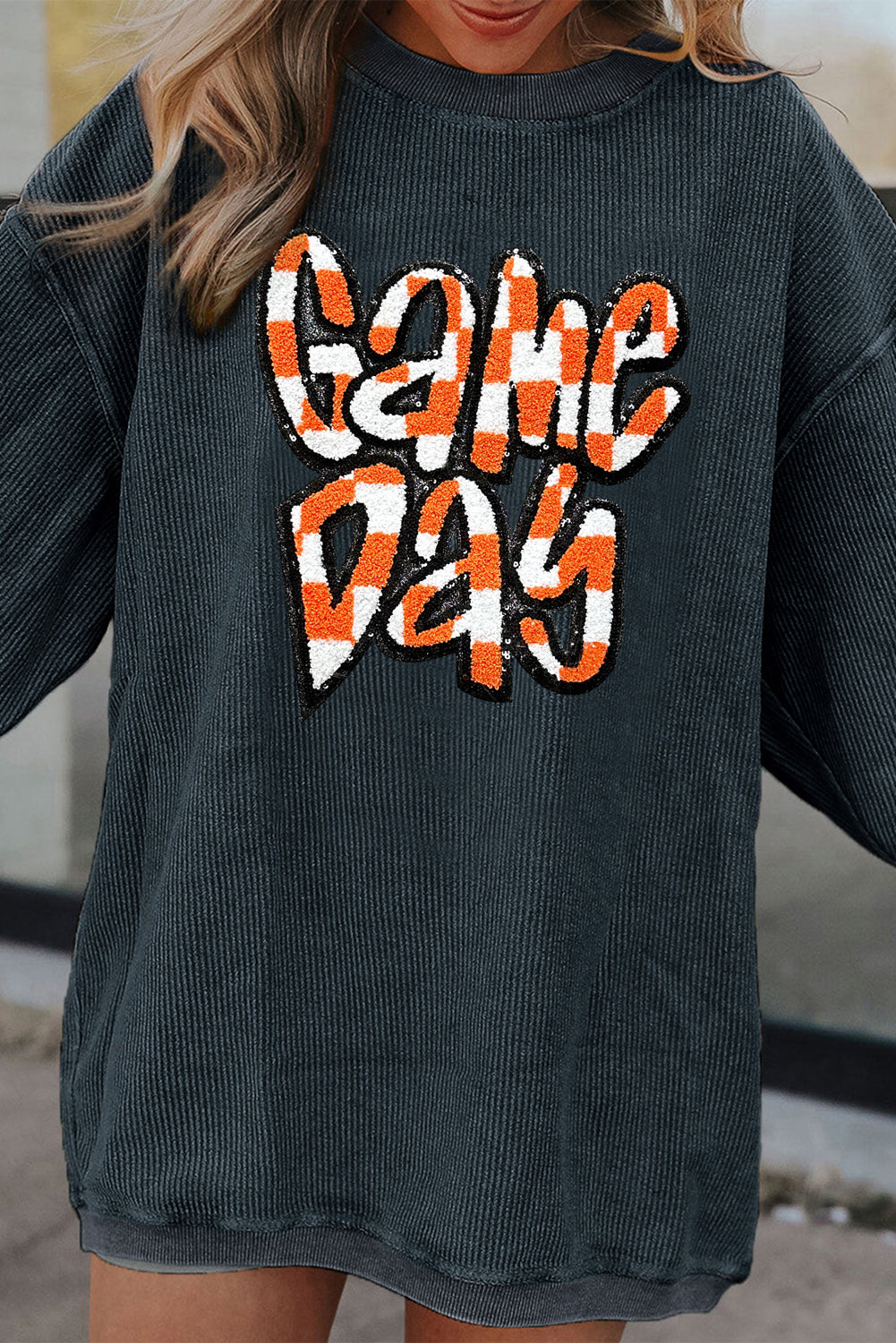 Chenille Checkered Game Day Graphic Drop Shoulder Corded Sweatshirt | Dark Grey