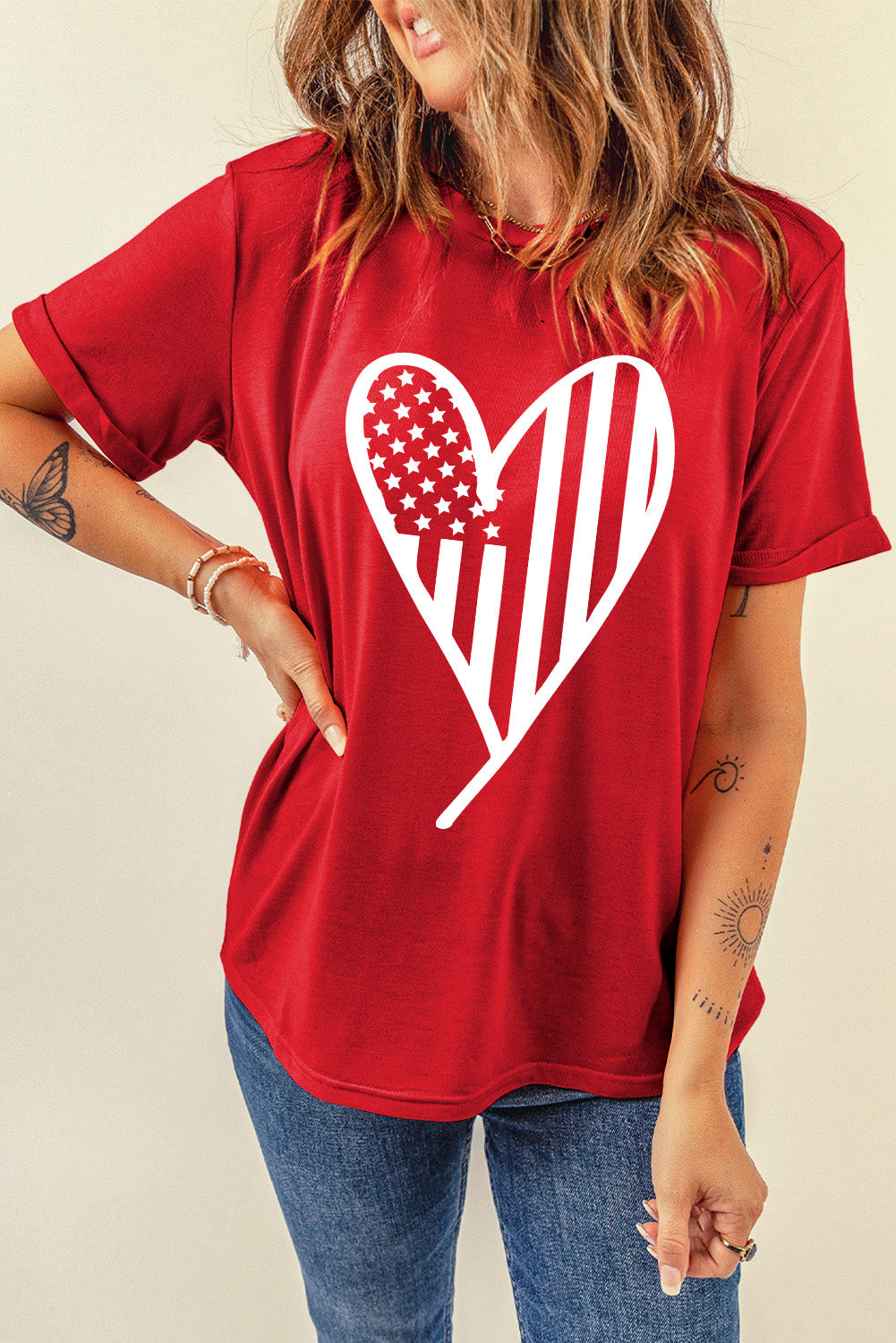 Usa Flag Heart Shape Crewneck Graphic T Shirt | Red