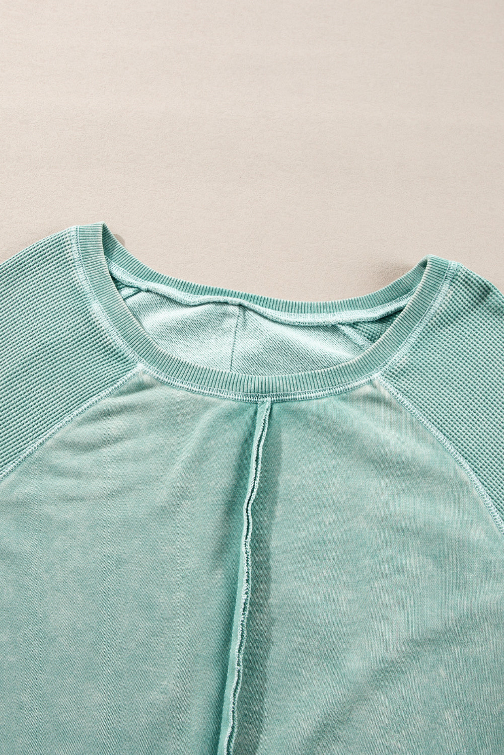 Solid Waffle Knit Patchwork Raglan Sleeve Sweatshirt | Mineral Blue