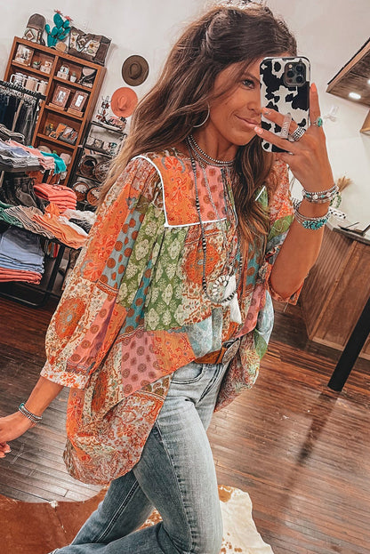 Boho Paisley Mixed Print 3/4 Sleeve Chiffon Loose Dress | Orange