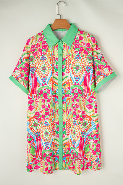 Geometric Print Contrast Short Sleeve Shirt Dress | Orange