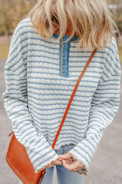 Textured Frilly Trim Buttons Henley Long Sleeve Top | Sky Blue Stripe