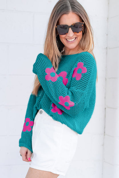 Big Flower Hollowed Knit Drop Shoulder Sweater | Sea Green