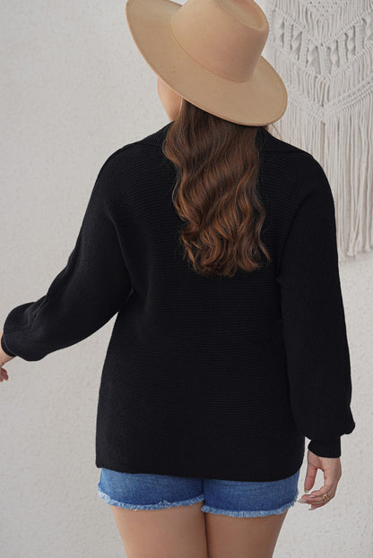 Ribbed Knit Lapel Neck Curvy Sweater | Black