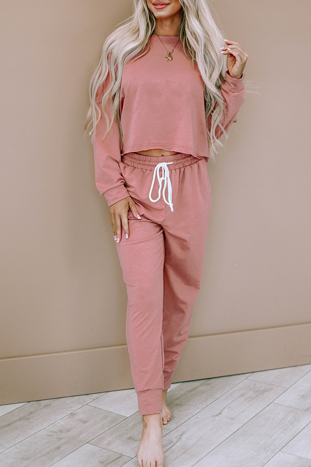 Solid Sport Boxy Fit Pullover & Pants Outfit | Pink