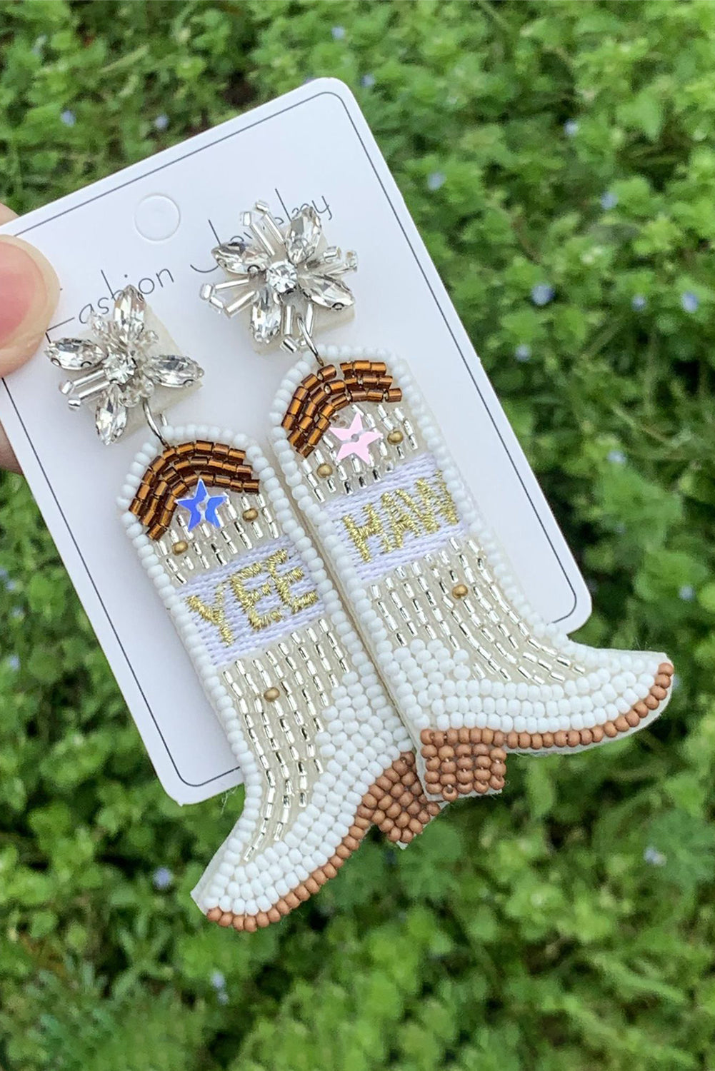 Cowboy Boots Rice Bead Dangle Earrings | Beige