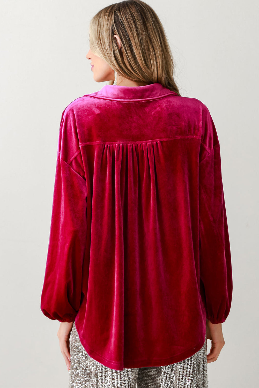 Buttoned V Neck Chest Pocket Velvet Shirt | Pitaya Pink