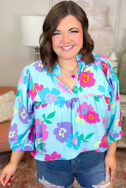 Plus Size Floral Print Notched V Neck Babydoll Blouse | Light Blue