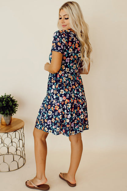 Short Sleeve A-Line Floral Dress | Blue