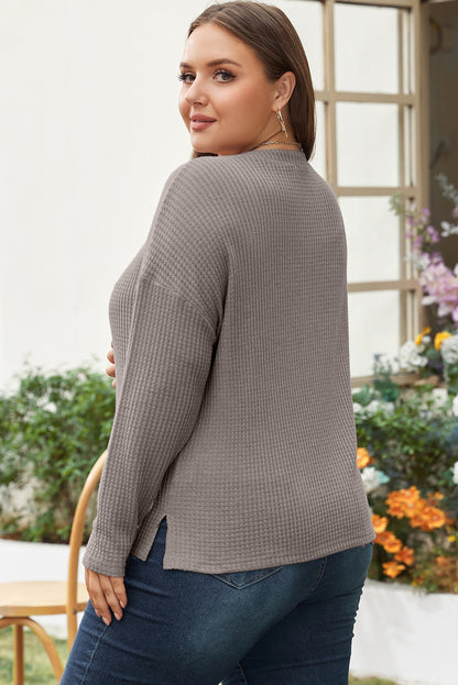 Waffle Knit Drop Shoulder Button V Neck Plus Size Top | Simply Taupe