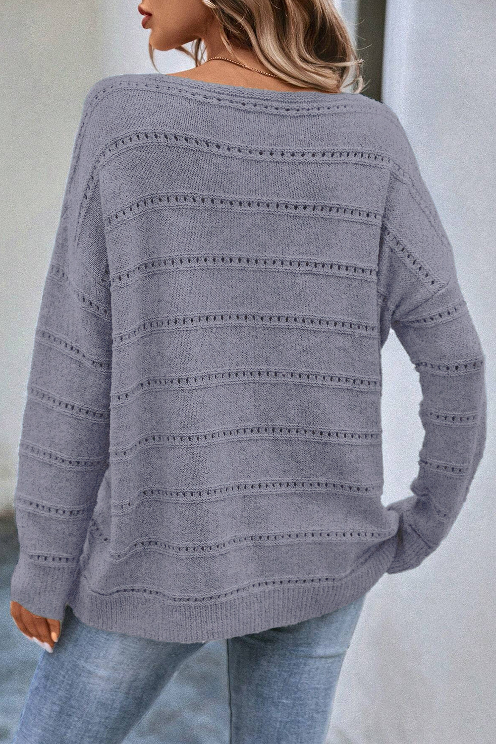 Boat Neck Drop Shoulder Pointelle Knit Sweater | Light Grey