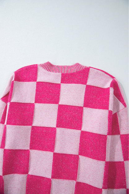 Checkered Drop Shoulder Buttoned V Neck Cardigan | Pink