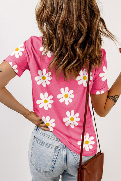 Daisy Printed Crewneck T Shirt | Pink