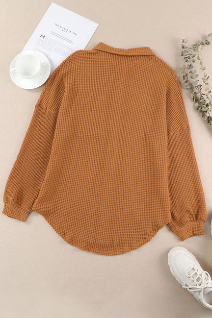 Waffle Knit Button Up Casual Shirt | Brown