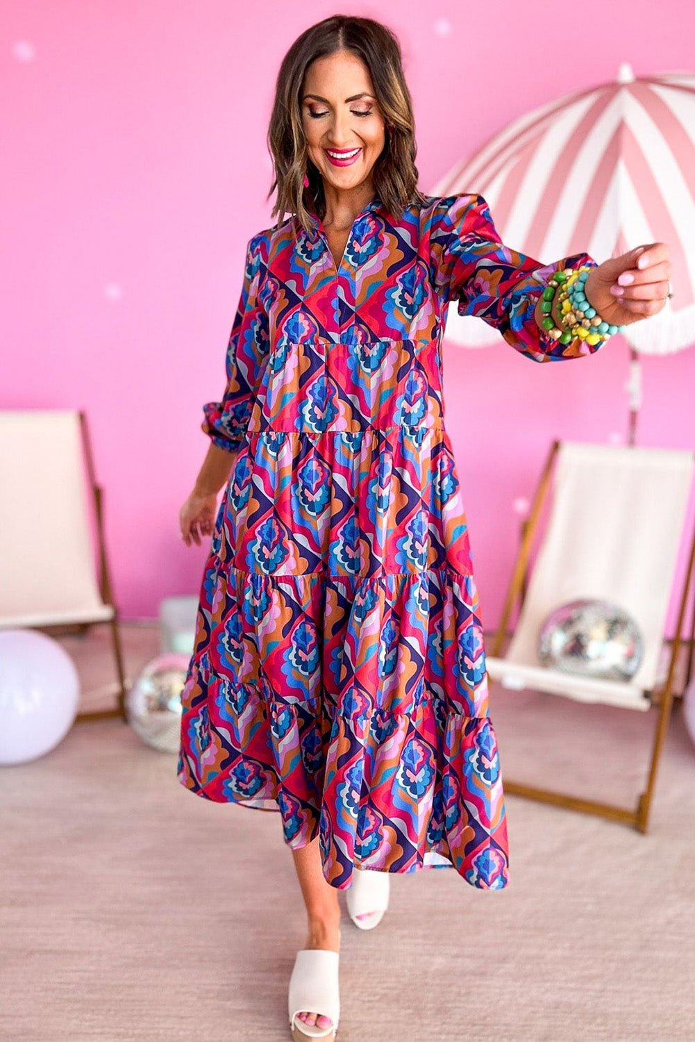 Abstract Geometric Print Long Sleeve High Waist Dress | Multicolour