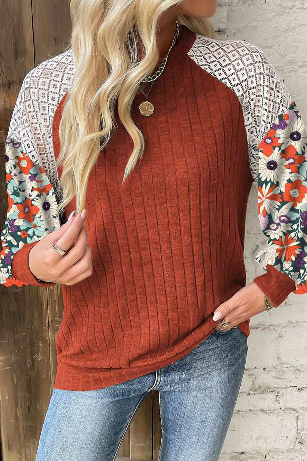 Floral Patchwork Long Sleeve Ribbed Blouse | Cinnamon