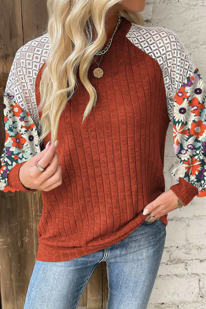 Floral Patchwork Long Sleeve Ribbed Blouse | Cinnamon