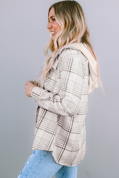 Plaid Removable Hood Buttoned Shacket | Khaki