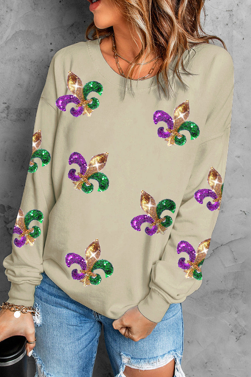 Sequin Mardi Gras Graphic Pullover Sweatshirt | Khaki