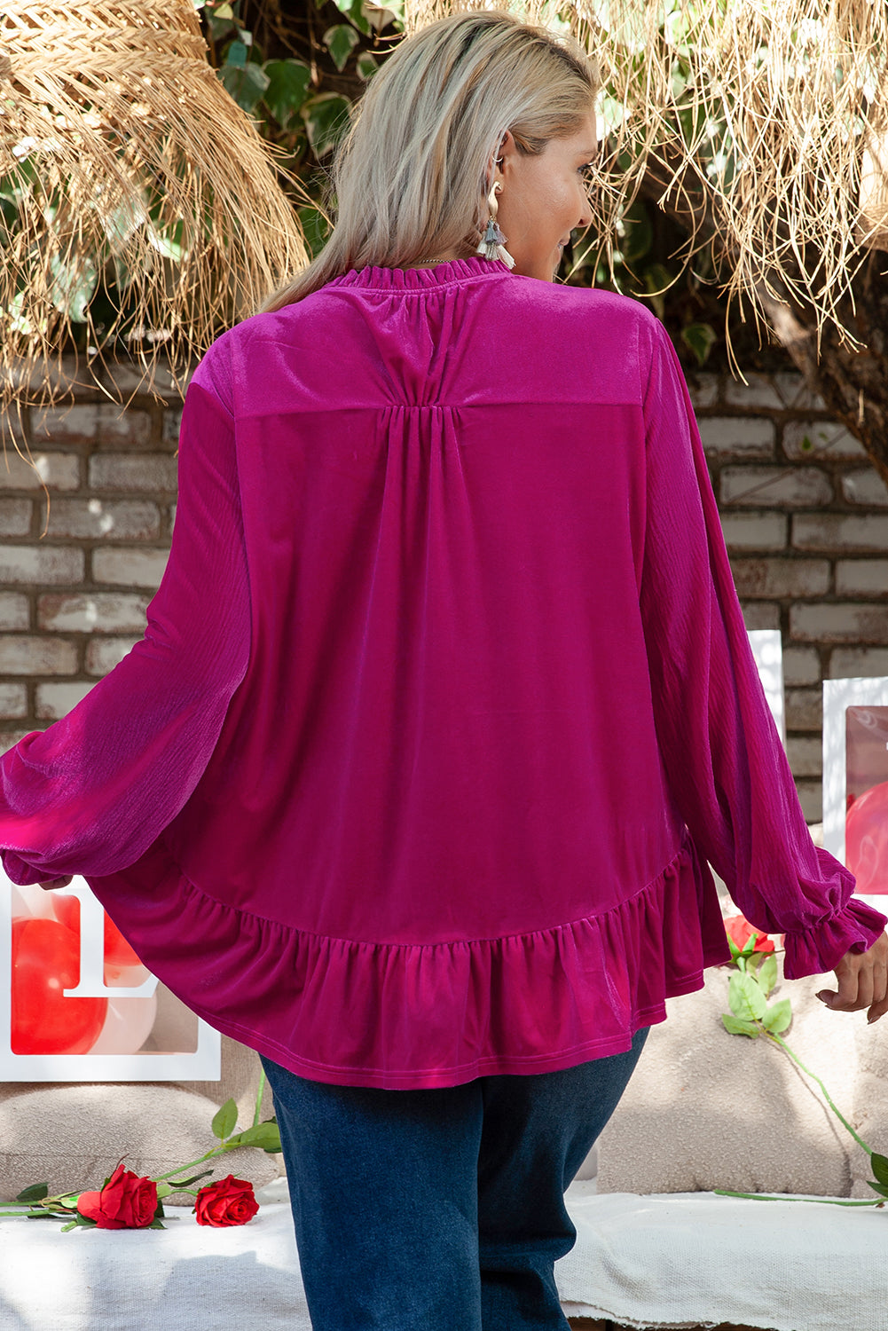 Plus Size Ruffled Sleeve V Neck Velvet Blouse | Bright Pink