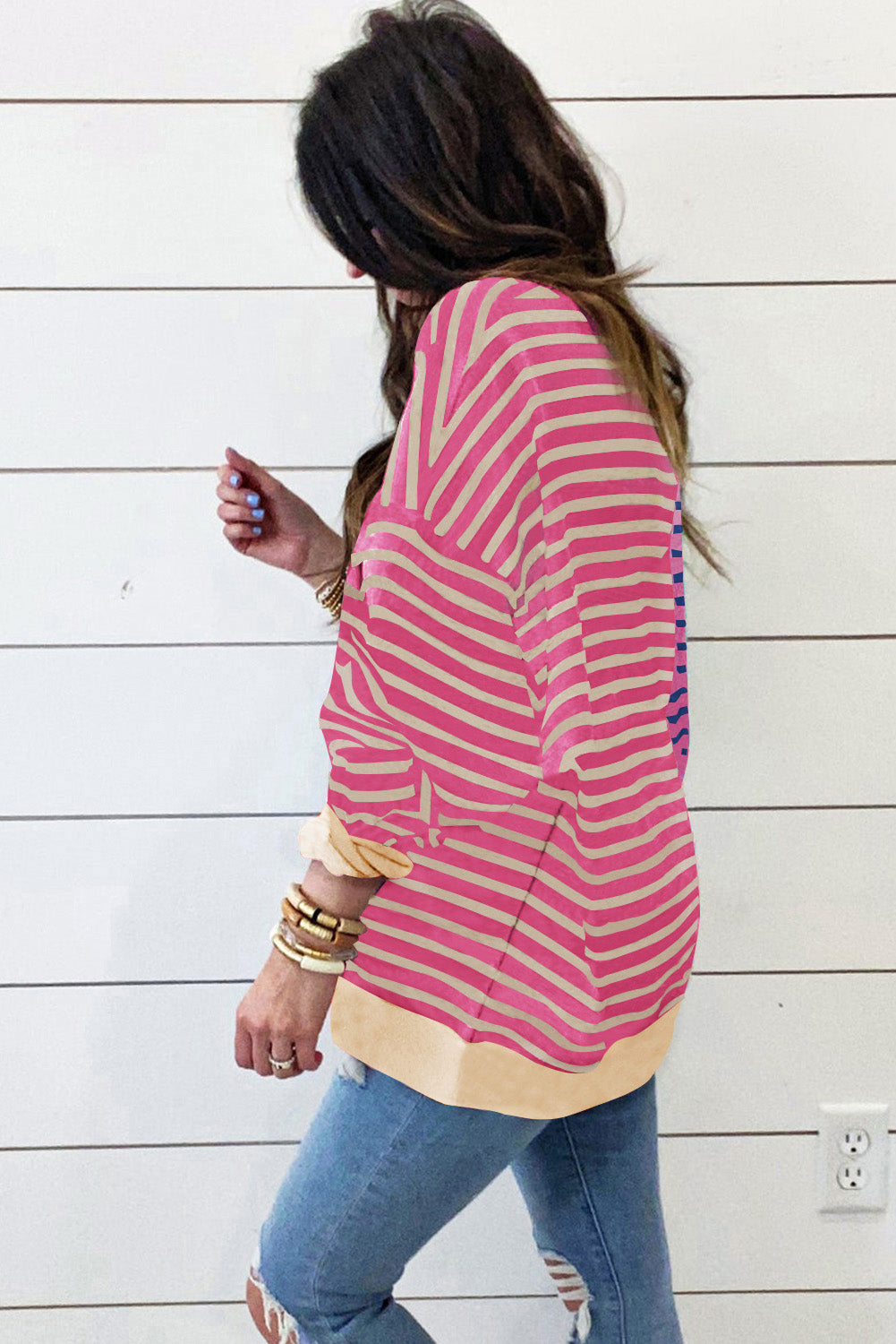 Casual Stripe Colourblock Drop Shoulder Oversize Sweatshirt | Pink Stripe