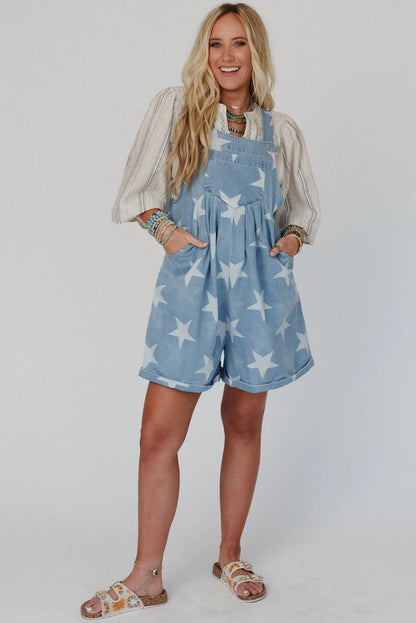 Star Printed Buttoned Straps Pocketed Denim Romper | Light Blue