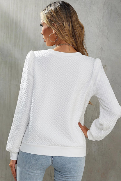 Textured Puff Long Sleeve Round Neck Top | White