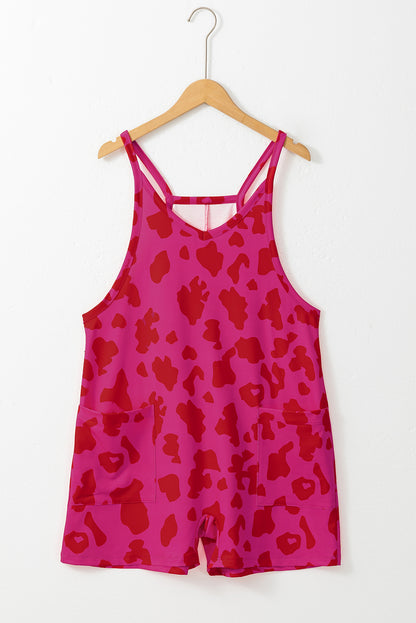 Leopard Pocketed V Neck Sleeveless Romper | Rose Red