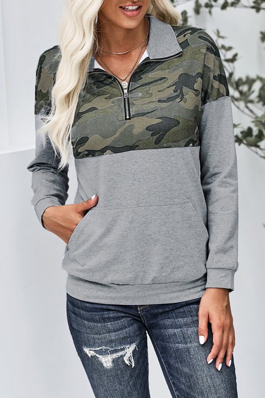 Camo Splice Gray Kangaroo Pocket Zip Collar Sweatshirt