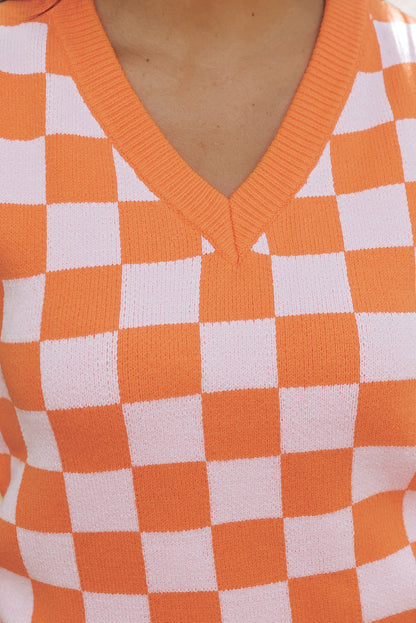 Checkered V Neck Knitted Sweater Vest | Russet Orange